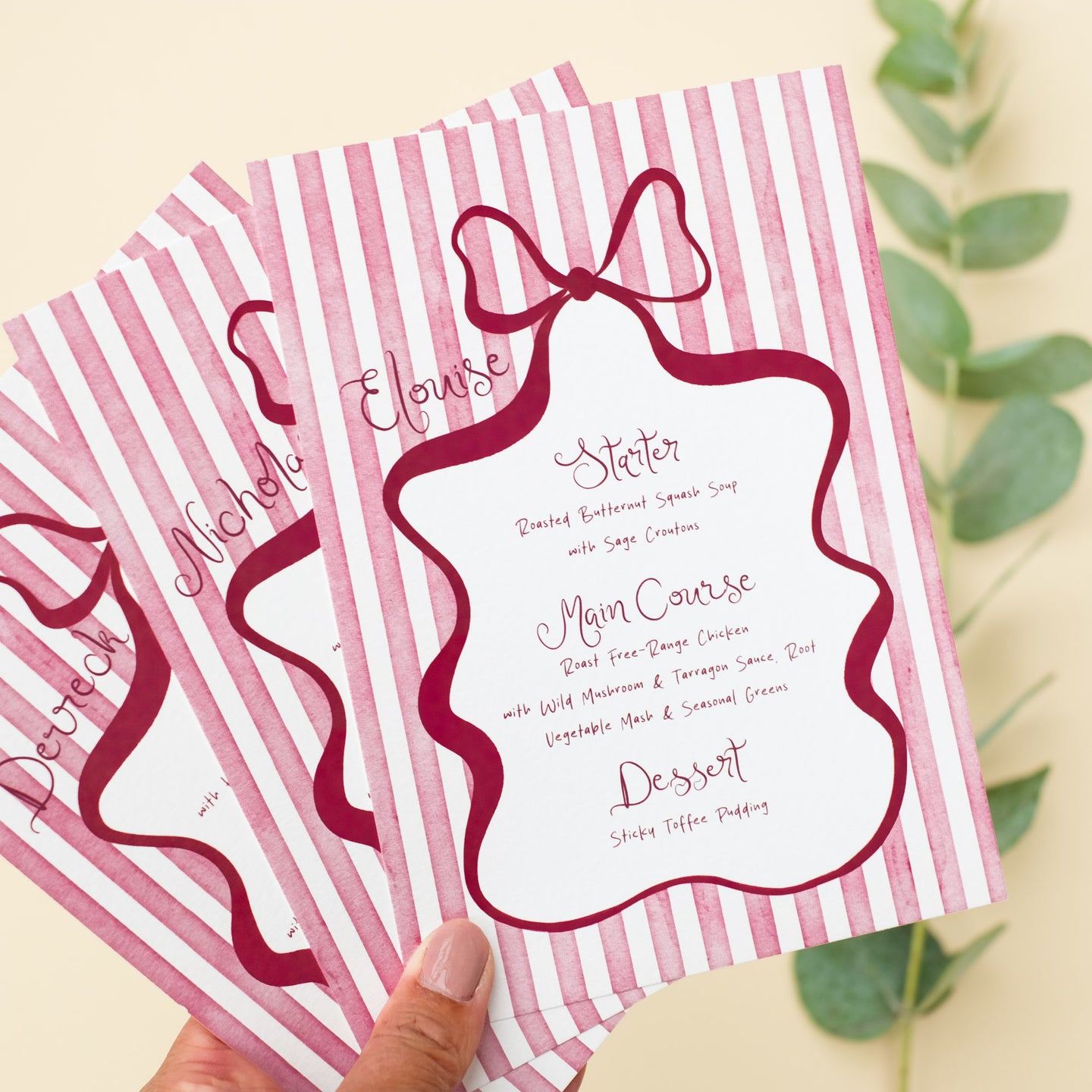 wedding menu with guest name bow and burgundy stripes